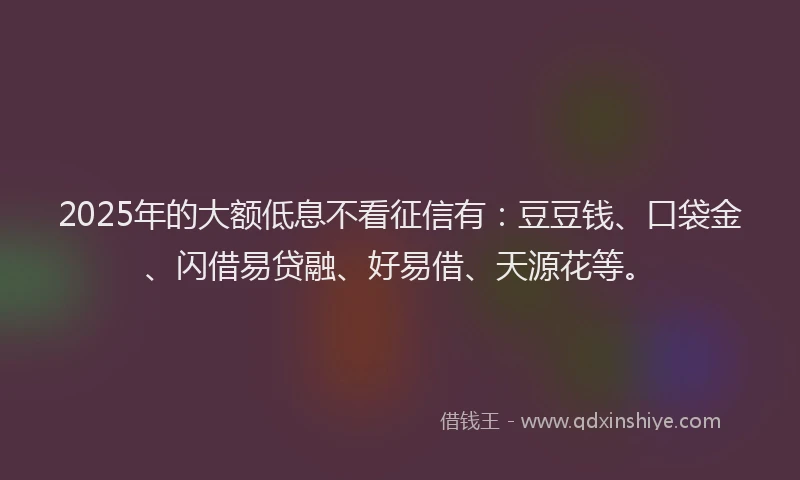 2025年的大额低息不看征信有：豆豆钱、口袋金、闪借易贷融、好易借、天源花等。