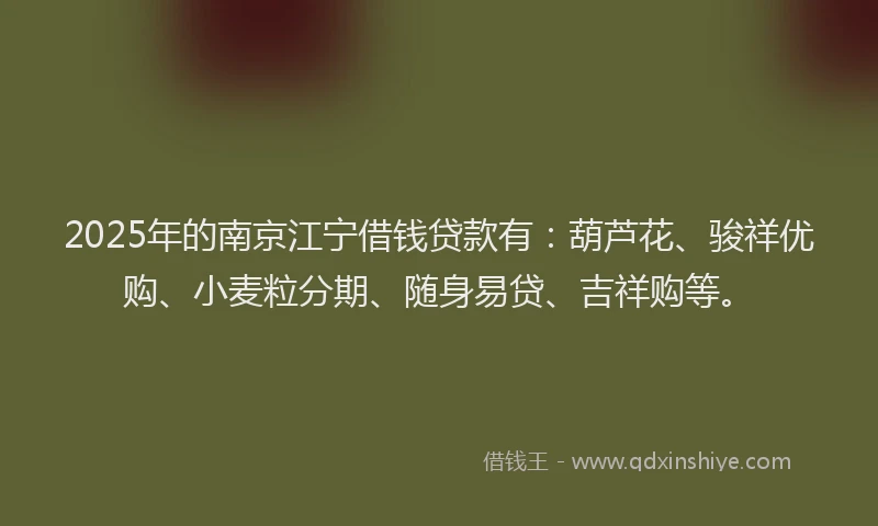 2025年的南京江宁借钱贷款有：葫芦花、骏祥优购、小麦粒分期、随身易贷、吉祥购等。