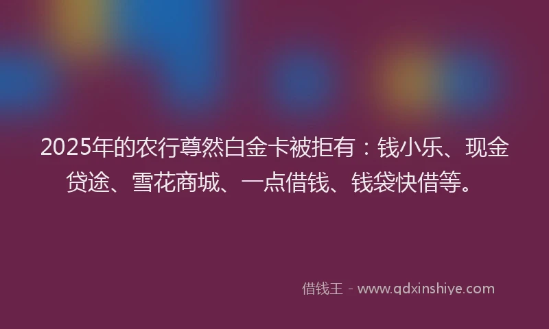 2025年的农行尊然白金卡被拒有：钱小乐、现金贷途、雪花商城、一点借钱、钱袋快借等。