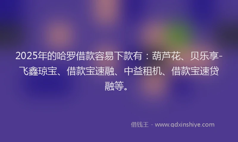2025年的哈罗借款容易下款有：葫芦花、贝乐享-飞鑫琼宝、借款宝速融、中益租机、借款宝速贷融等。