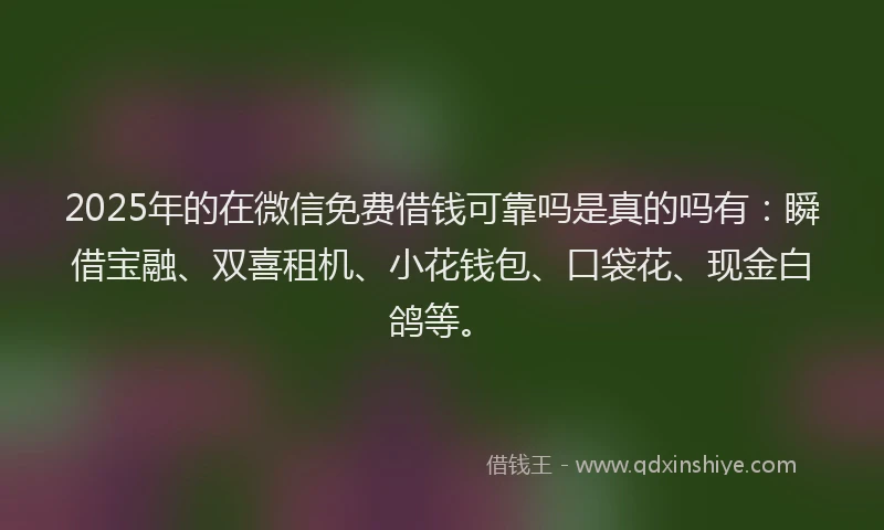 2025年的在微信免费借钱可靠吗是真的吗有：瞬借宝融、双喜租机、小花钱包、口袋花、现金白鸽等。
