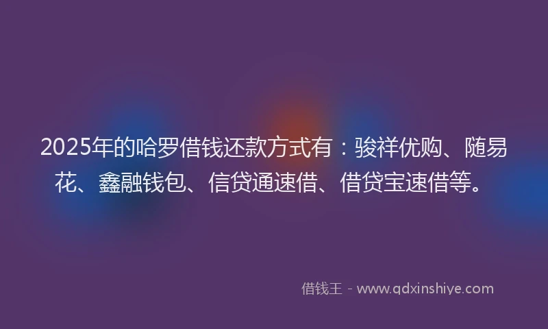 2025年的哈罗借钱还款方式有：骏祥优购、随易花、鑫融钱包、信贷通速借、借贷宝速借等。