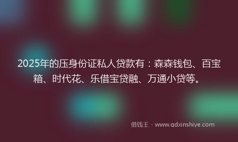 2025年的压身份证私人贷款有：森森钱包、百宝箱、时代花、乐借宝贷融、万通小贷等。