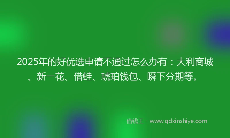2025年的好优选申请不通过怎么办有：大利商城、新一花、借蛙、琥珀钱包、瞬下分期等。