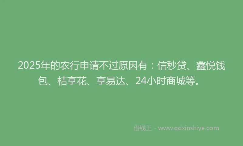 2025年的农行申请不过原因有：信秒贷、鑫悦钱包、桔享花、享易达、24小时商城等。