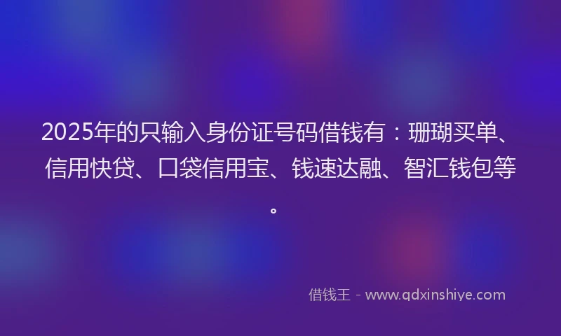 2025年的只输入身份证号码借钱有：珊瑚买单、信用快贷、口袋信用宝、钱速达融、智汇钱包等。