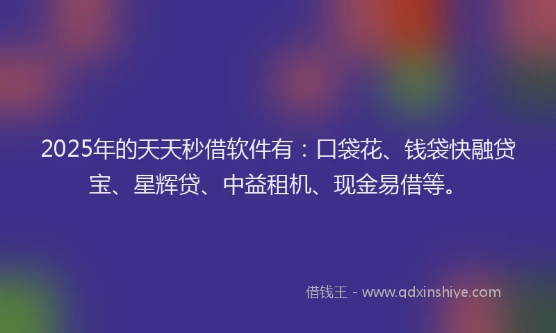 2025年的天天秒借软件有：口袋花、钱袋快融贷宝、星辉贷、中益租机、现金易借等。