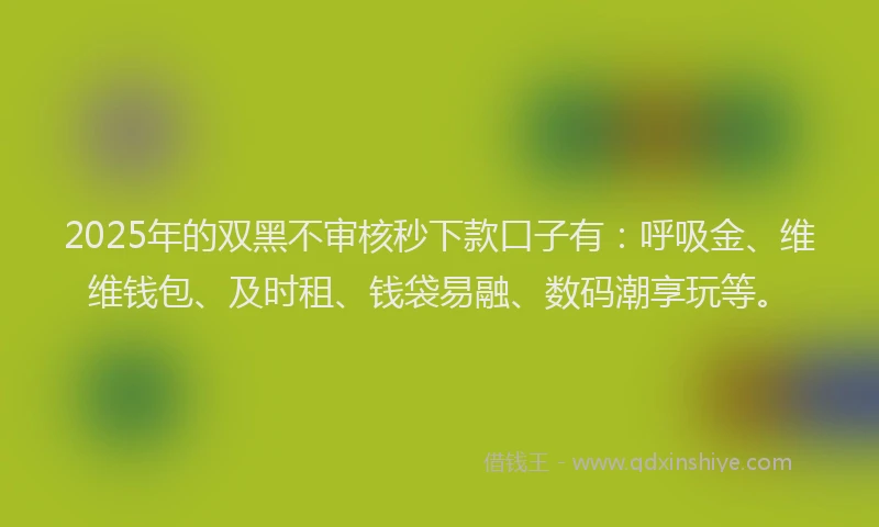 2025年的双黑不审核秒下款口子有：呼吸金、维维钱包、及时租、钱袋易融、数码潮享玩等。