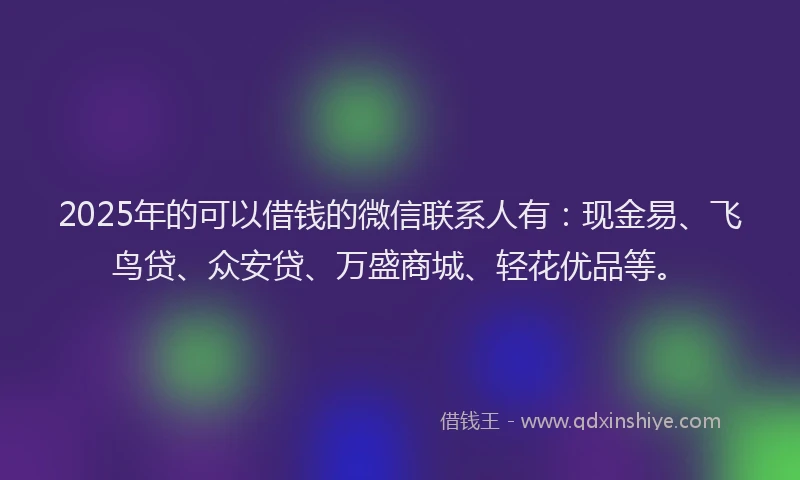 2025年的可以借钱的微信联系人有：现金易、飞鸟贷、众安贷、万盛商城、轻花优品等。