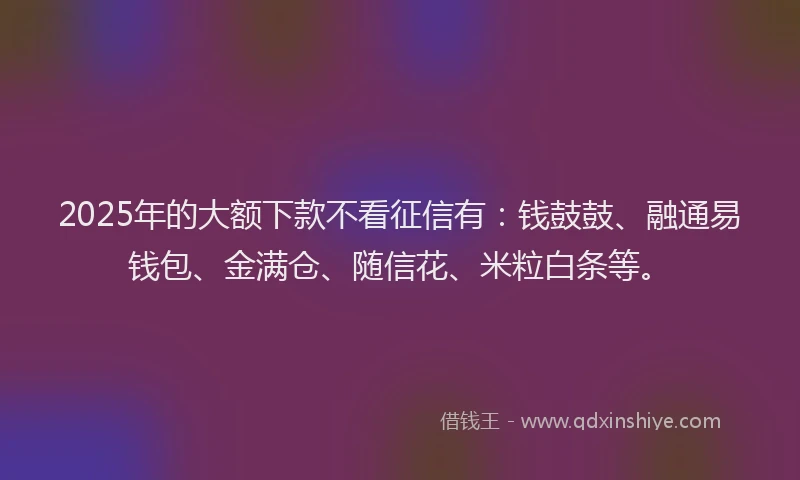 2025年的大额下款不看征信有：钱鼓鼓、融通易钱包、金满仓、随信花、米粒白条等。