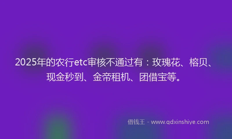 2025年的农行etc审核不通过有：玫瑰花、榕贝、现金秒到、金帝租机、团借宝等。