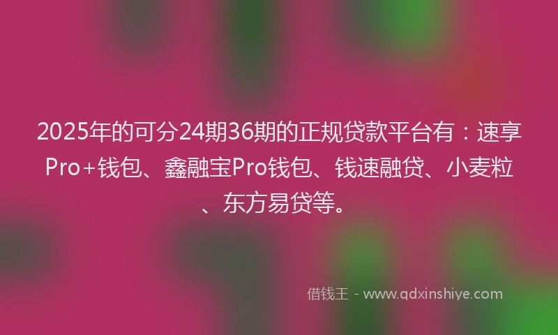 2025年的可分24期36期的正规贷款平台有：速享Pro+钱包、鑫融宝Pro钱包、钱速融贷、小麦粒、东方易贷等。