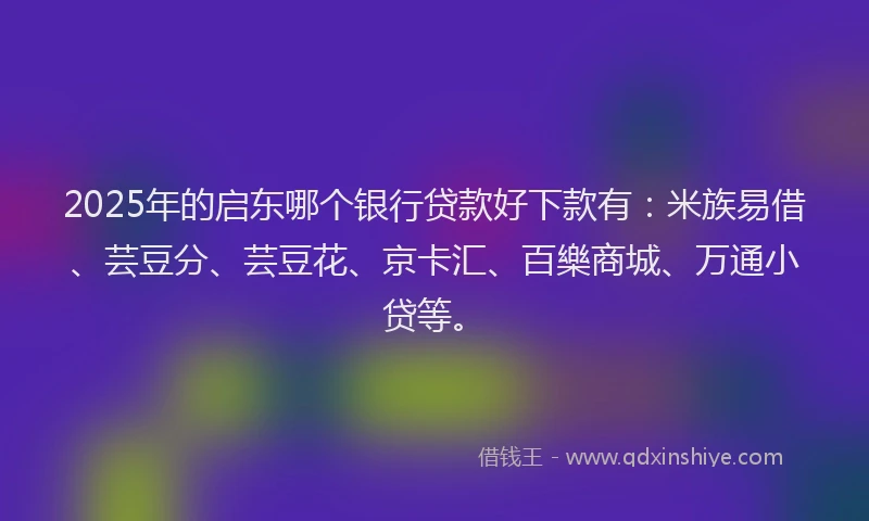 2025年的启东哪个银行贷款好下款有：米族易借、芸豆分、芸豆花、京卡汇、百樂商城、万通小贷等。