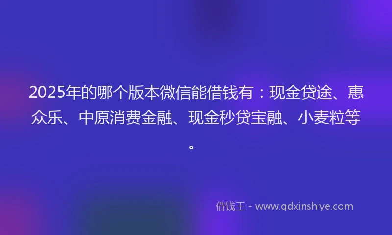 2025年的哪个版本微信能借钱有：现金贷途、惠众乐、中原消费金融、现金秒贷宝融、小麦粒等。