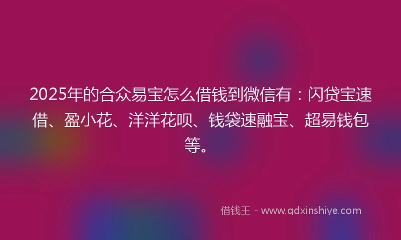 2025年的合众易宝怎么借钱到微信有：闪贷宝速借、盈小花、洋洋花呗、钱袋速融宝、超易钱包等。