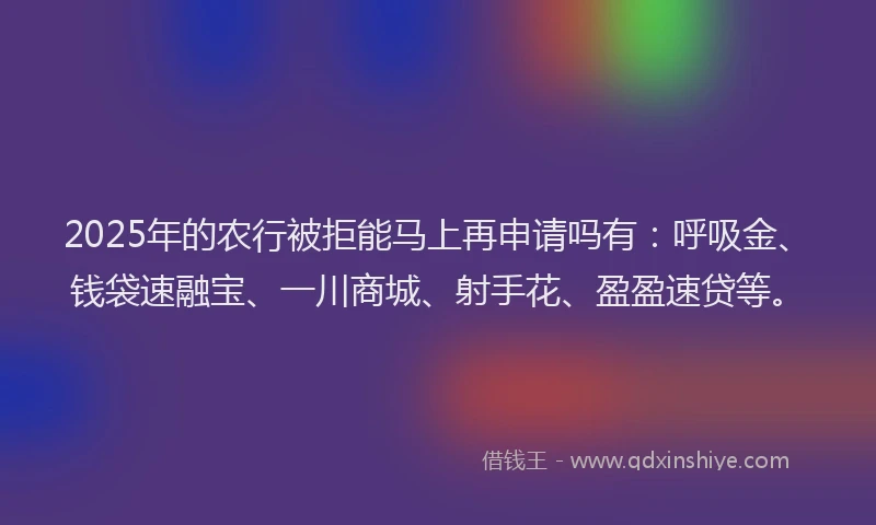 2025年的农行被拒能马上再申请吗有：呼吸金、钱袋速融宝、一川商城、射手花、盈盈速贷等。