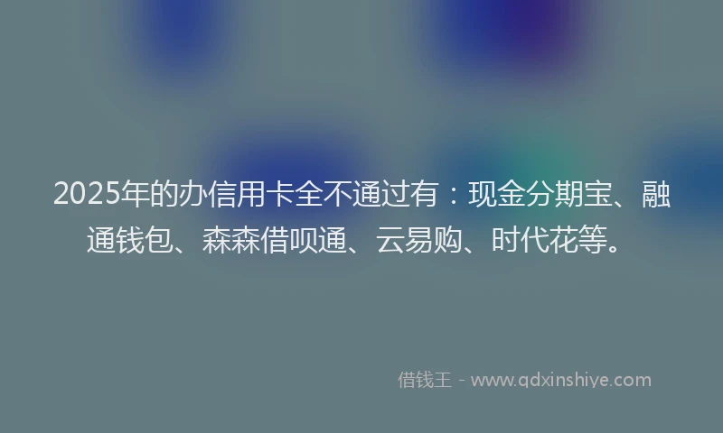 2025年的办信用卡全不通过有：现金分期宝、融通钱包、森森借呗通、云易购、时代花等。