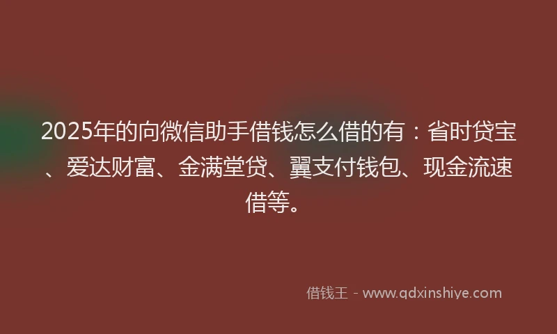 2025年的向微信助手借钱怎么借的有：省时贷宝、爱达财富、金满堂贷、翼支付钱包、现金流速借等。