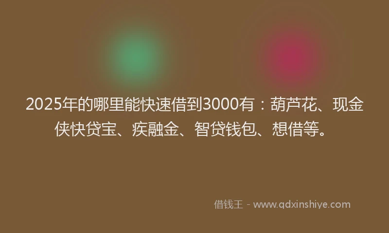 2025年的哪里能快速借到3000有：葫芦花、现金侠快贷宝、疾融金、智贷钱包、想借等。