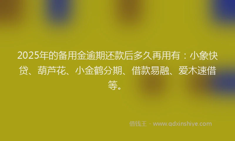 2025年的备用金逾期还款后多久再用有：小象快贷、葫芦花、小金鹤分期、借款易融、爱木速借等。
