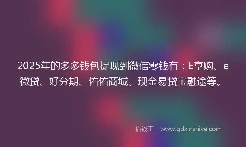2025年的多多钱包提现到微信零钱有：E享购、e微贷、好分期、佑佑商城、现金易贷宝融途等。