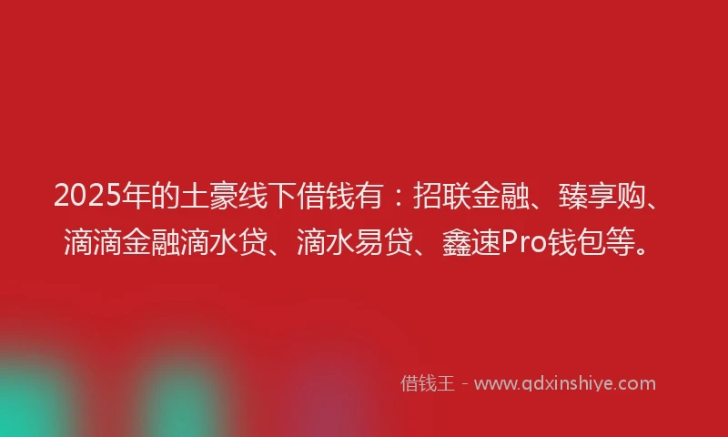 2025年的土豪线下借钱有：招联金融、臻享购、滴滴金融滴水贷、滴水易贷、鑫速Pro钱包等。
