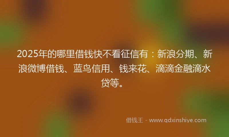 2025年的哪里借钱快不看征信有：新浪分期、新浪微博借钱、蓝鸟信用、钱来花、滴滴金融滴水贷等。