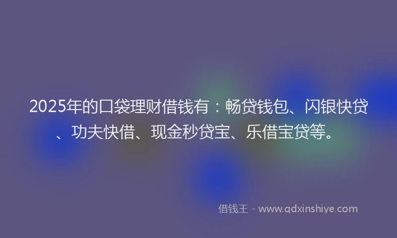 2025年的口袋理财借钱有：畅贷钱包、闪银快贷、功夫快借、现金秒贷宝、乐借宝贷等。