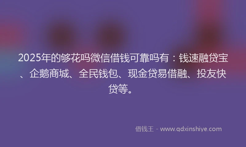 2025年的够花吗微信借钱可靠吗有：钱速融贷宝、企鹅商城、全民钱包、现金贷易借融、投友快贷等。