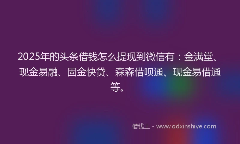 2025年的头条借钱怎么提现到微信有：金满堂、现金易融、固金快贷、森森借呗通、现金易借通等。