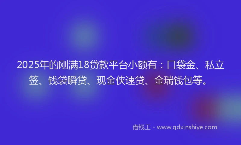 2025年的刚满18贷款平台小额有：口袋金、私立签、钱袋瞬贷、现金侠速贷、金瑞钱包等。