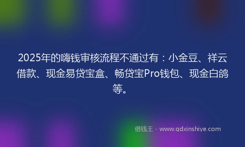 2025年的嗨钱审核流程不通过有：小金豆、祥云借款、现金易贷宝盒、畅贷宝Pro钱包、现金白鸽等。