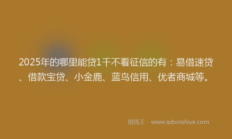 2025年的哪里能贷1千不看征信的有：易借速贷、借款宝贷、小金鹿、蓝鸟信用、优者商城等。
