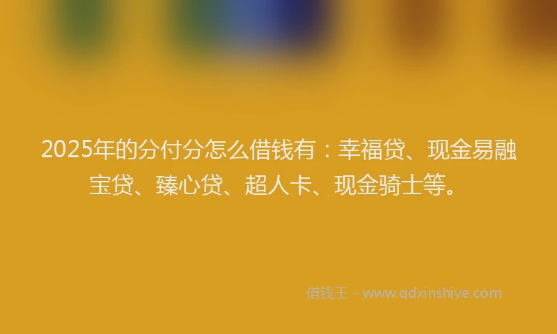 2025年的分付分怎么借钱有:幸福贷、现金易融宝贷、臻心贷、超人卡、现金骑士等。