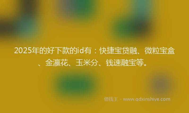 2025年的好下款的id有：快捷宝贷融、微粒宝盒、金瀛花、玉米分、钱速融宝等。