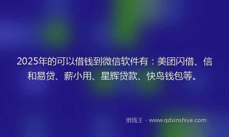 2025年的可以借钱到微信软件有：美团闪借、信和易贷、薪小用、星辉贷款、快鸟钱包等。