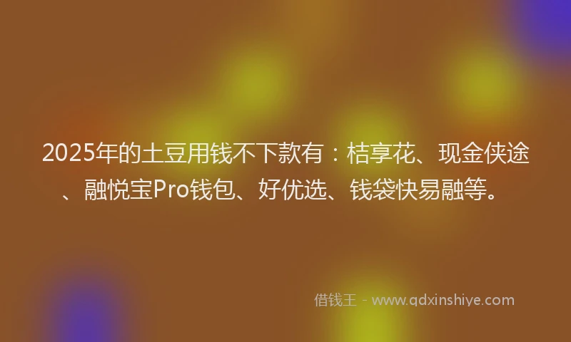 2025年的土豆用钱不下款有：桔享花、现金侠途、融悦宝Pro钱包、好优选、钱袋快易融等。