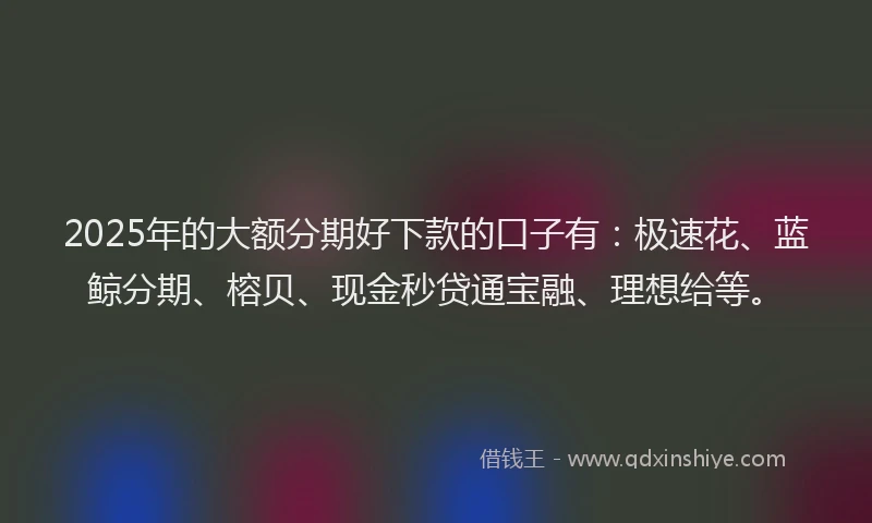 2025年的大额分期好下款的口子有：极速花、蓝鲸分期、榕贝、现金秒贷通宝融、理想给等。