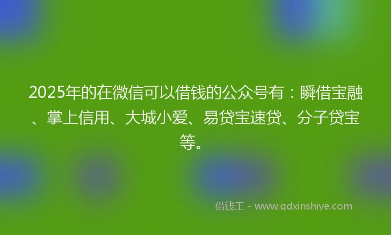 2025年的在微信可以借钱的公众号有：瞬借宝融、掌上信用、大城小爱、易贷宝速贷、分子贷宝等。
