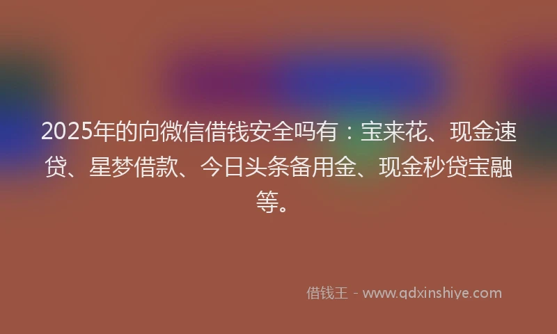 2025年的向微信借钱安全吗有：宝来花、现金速贷、星梦借款、今日头条备用金、现金秒贷宝融等。
