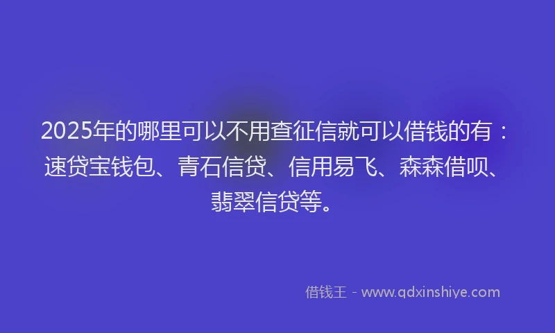 2025年的哪里可以不用查征信就可以借钱的有：速贷宝钱包、青石信贷、信用易飞、森森借呗、翡翠信贷等。