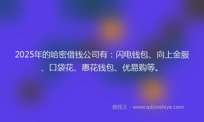2025年的哈密借钱公司有：闪电钱包、向上金服、口袋花、惠花钱包、优易购等。