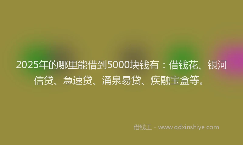 2025年的哪里能借到5000块钱有：借钱花、银河信贷、急速贷、涌泉易贷、疾融宝盒等。
