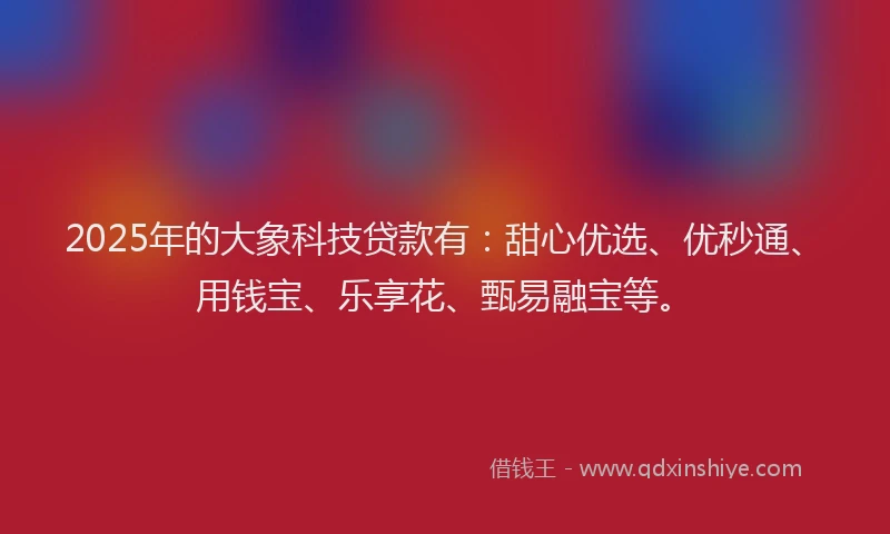 2025年的大象科技贷款有：甜心优选、优秒通、用钱宝、乐享花、甄易融宝等。