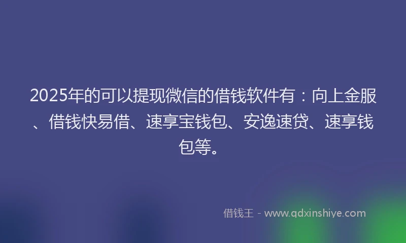 2025年的可以提现微信的借钱软件有：向上金服、借钱快易借、速享宝钱包、安逸速贷、速享钱包等。