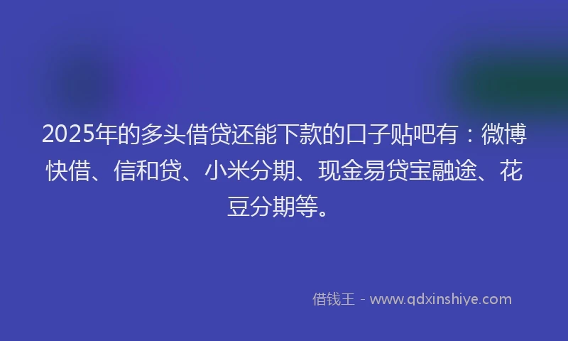 2025年的多头借贷还能下款的口子贴吧有：微博快借、信和贷、小米分期、现金易贷宝融途、花豆分期等。