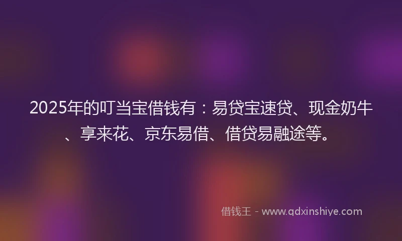 2025年的叮当宝借钱有：易贷宝速贷、现金奶牛、享来花、京东易借、借贷易融途等。