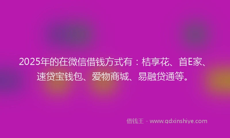 2025年的在微信借钱方式有：桔享花、首E家、速贷宝钱包、爱物商城、易融贷通等。