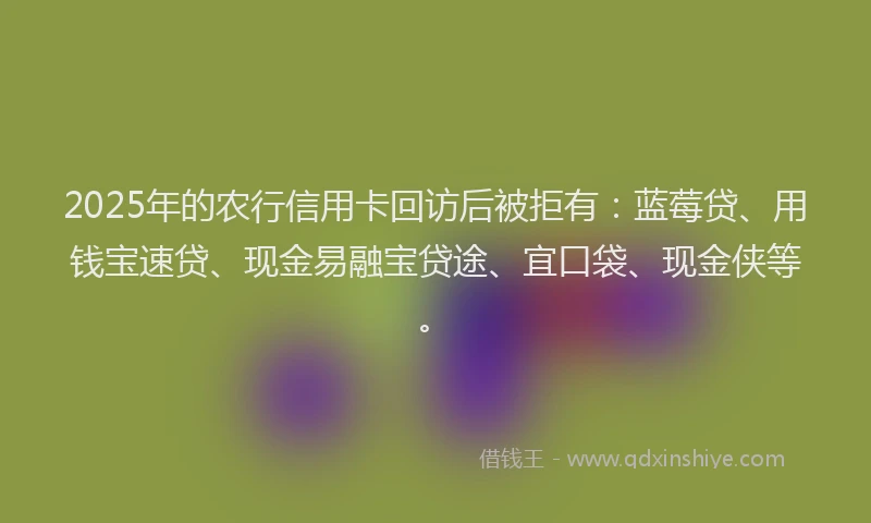 2025年的农行信用卡回访后被拒有：蓝莓贷、用钱宝速贷、现金易融宝贷途、宜口袋、现金侠等。