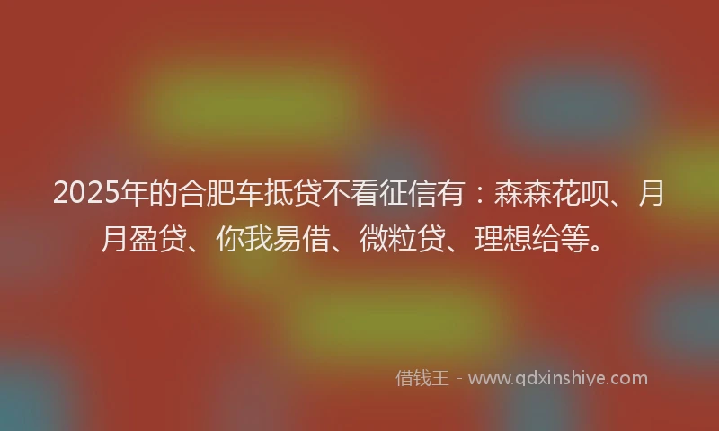 2025年的合肥车抵贷不看征信有：森森花呗、月月盈贷、你我易借、微粒贷、理想给等。